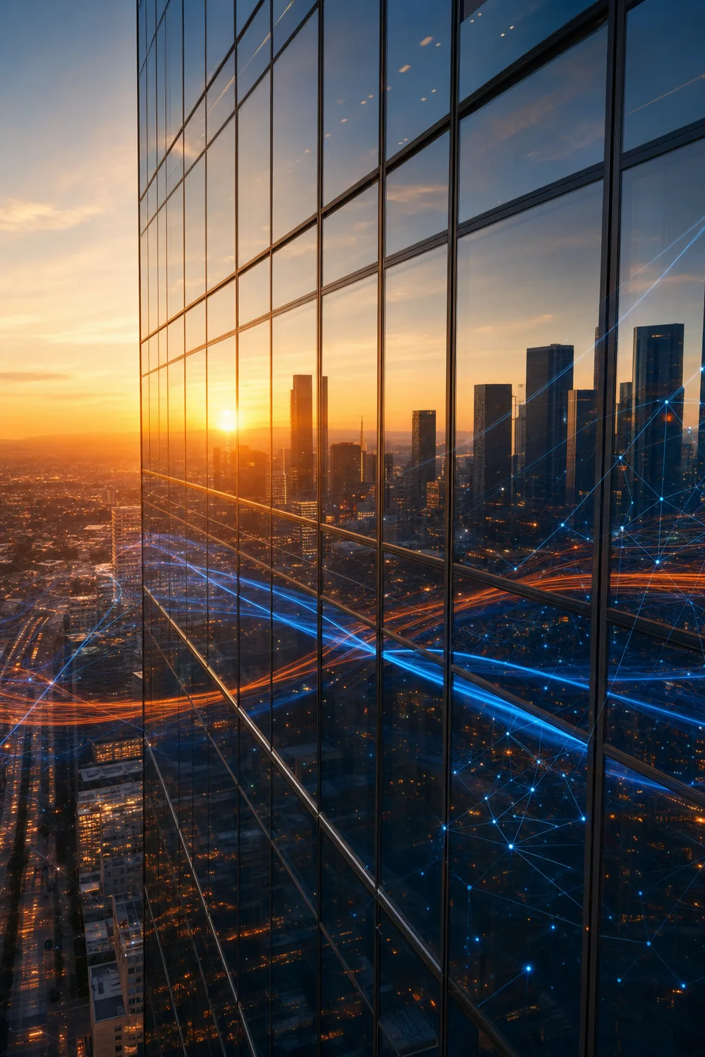 Modern Los Angeles skyline at golden hour overlaid with glowing data-network pathways
